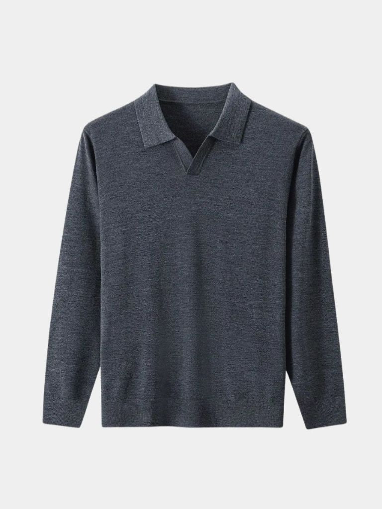 100% Wool Knit V Neck Turndown Polo Pullover - Dalton & Rowe