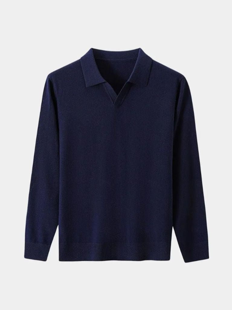 100% Wool Knit V Neck Turndown Polo Pullover - Dalton & Rowe