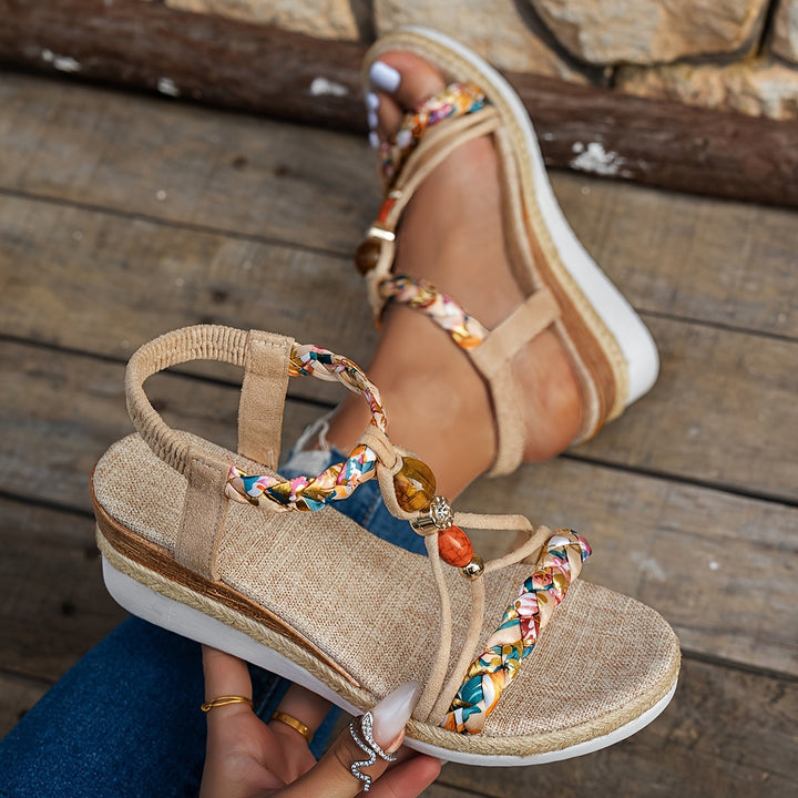 Maëva | Sandalias de Tacón Cuña Trenzadas Bohemias con Perlas