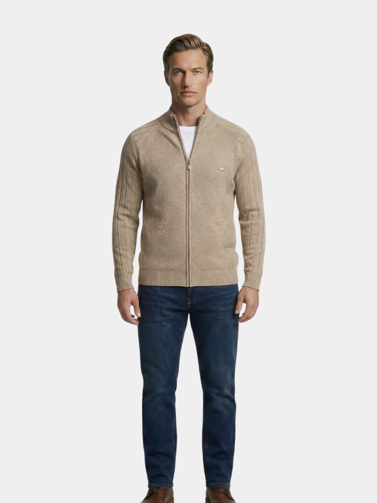Knit Zipper Jacquard Solid Color Cardigan Sweater - Dalton & Rowe