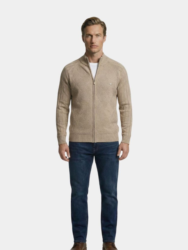 Knit Zipper Jacquard Solid Color Cardigan Sweater - Dalton & Rowe