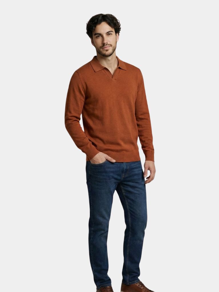 100% Wool Knit V Neck Turndown Polo Pullover - Dalton & Rowe