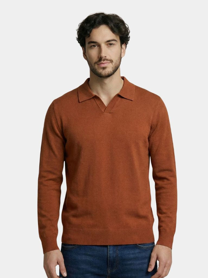100% Wool Knit V Neck Turndown Polo Pullover - Dalton & Rowe