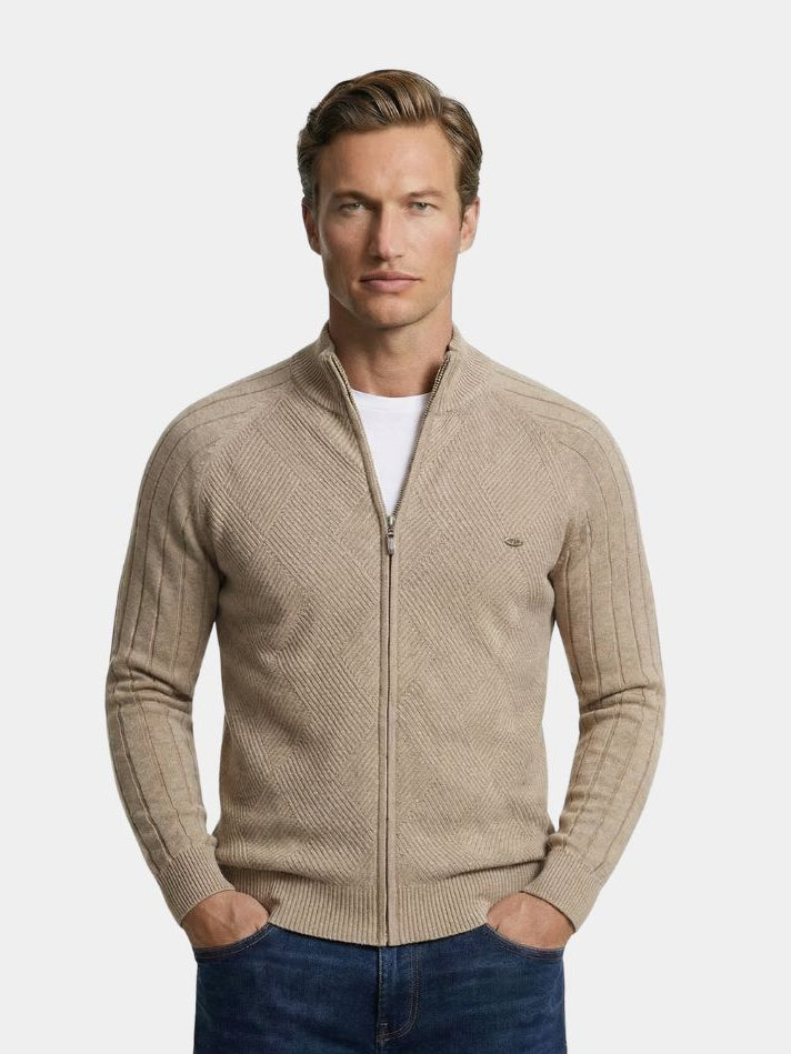 Knit Zipper Jacquard Solid Color Cardigan Sweater - Dalton & Rowe