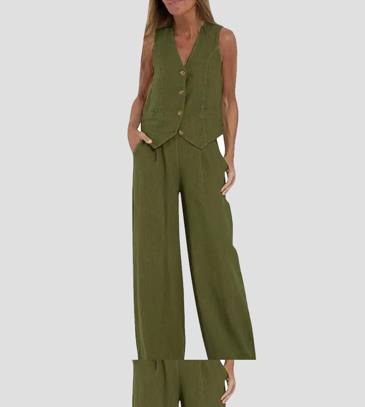 Aira - Conjunto Chaleco Abotonado & Pantalón Ancho