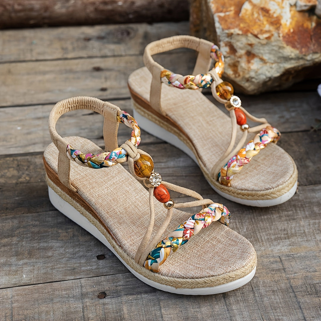 Maëva | Sandalias de Tacón Cuña Trenzadas Bohemias con Perlas