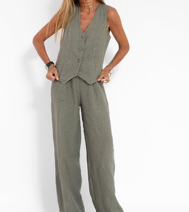 Aira - Conjunto Chaleco Abotonado & Pantalón Ancho