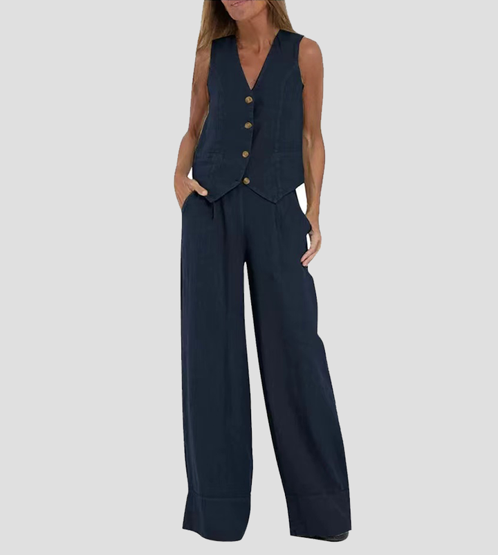 Aira - Conjunto Chaleco Abotonado & Pantalón Ancho
