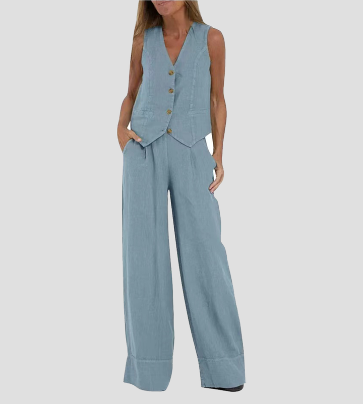 Aira - Conjunto Chaleco Abotonado & Pantalón Ancho