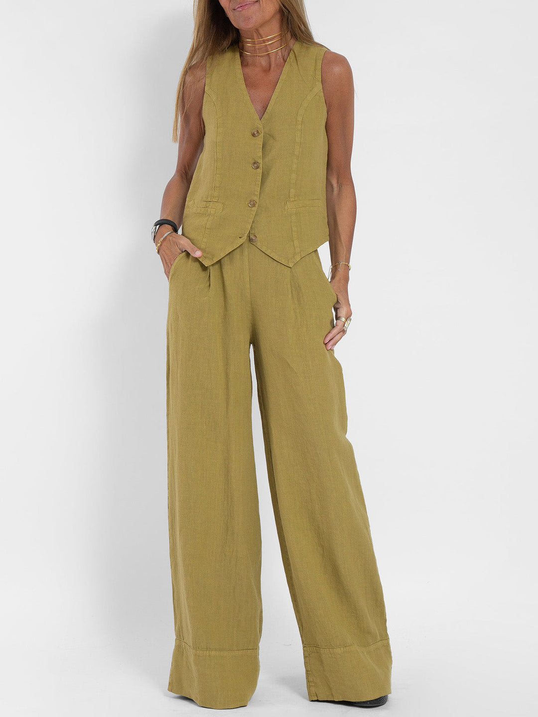 Aira - Conjunto Chaleco Abotonado & Pantalón Ancho