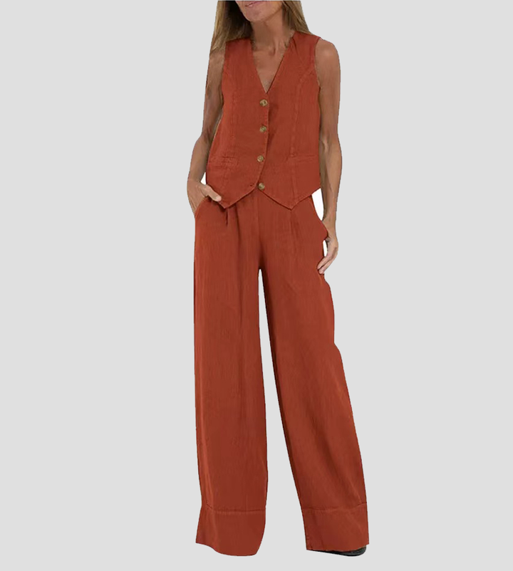 Aira - Conjunto Chaleco Abotonado & Pantalón Ancho