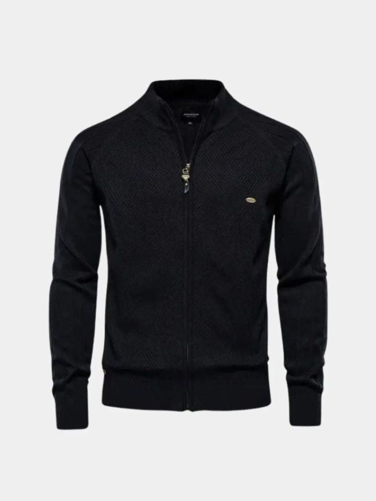 Knit Zipper Jacquard Solid Color Cardigan Sweater - Dalton & Rowe