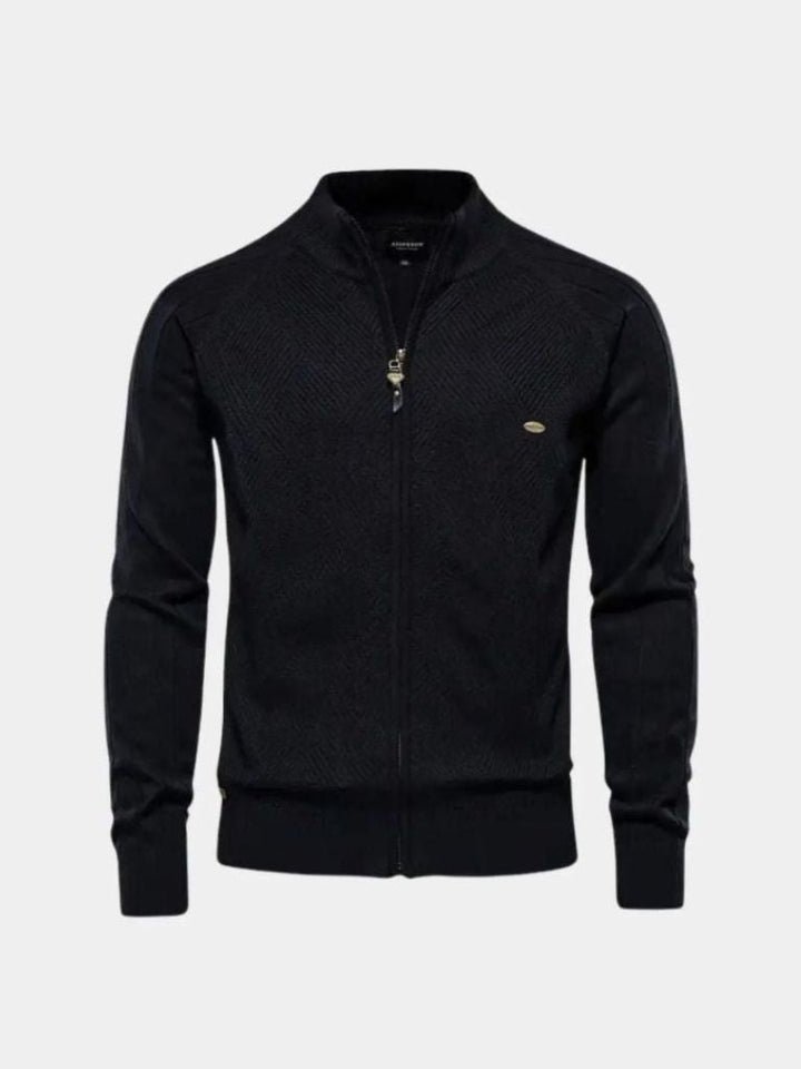 Knit Zipper Jacquard Solid Color Cardigan Sweater - Dalton & Rowe