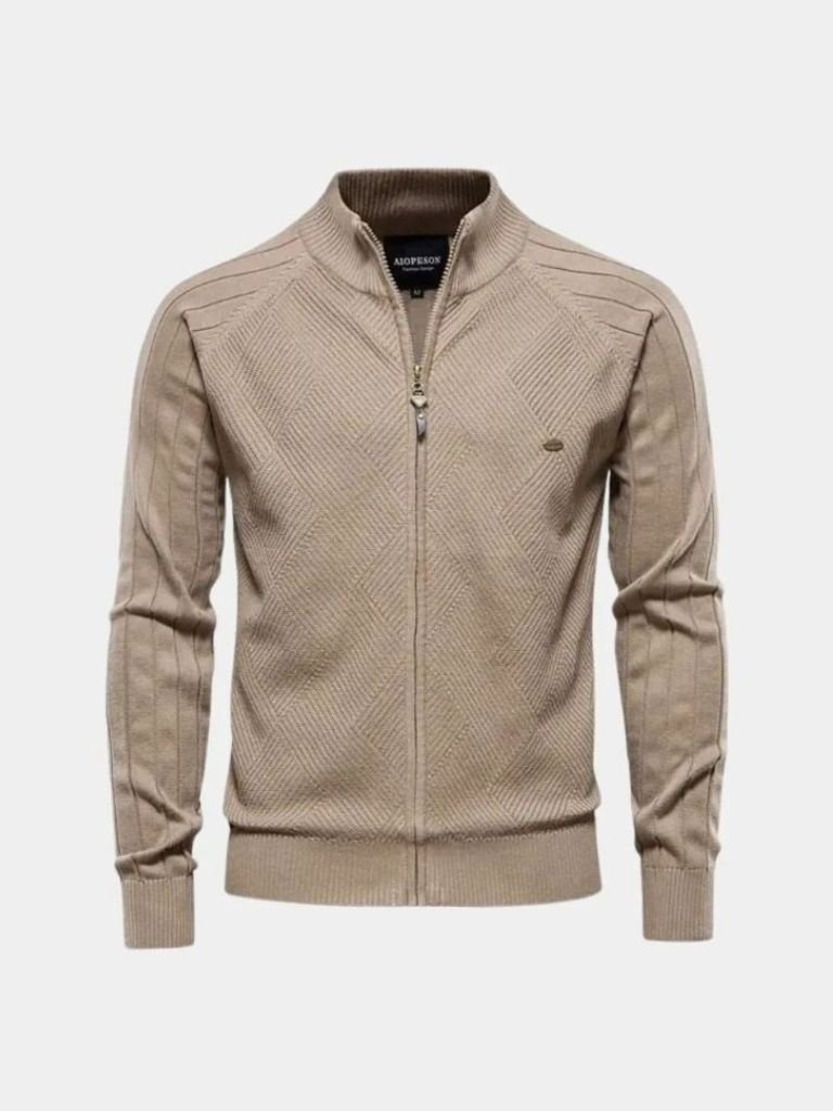 Knit Zipper Jacquard Solid Color Cardigan Sweater - Dalton & Rowe