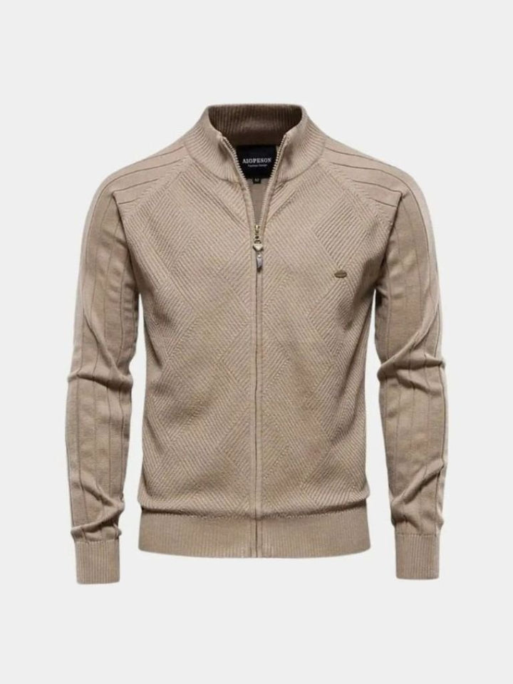 Knit Zipper Jacquard Solid Color Cardigan Sweater - Dalton & Rowe