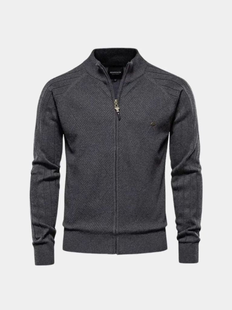 Knit Zipper Jacquard Solid Color Cardigan Sweater - Dalton & Rowe