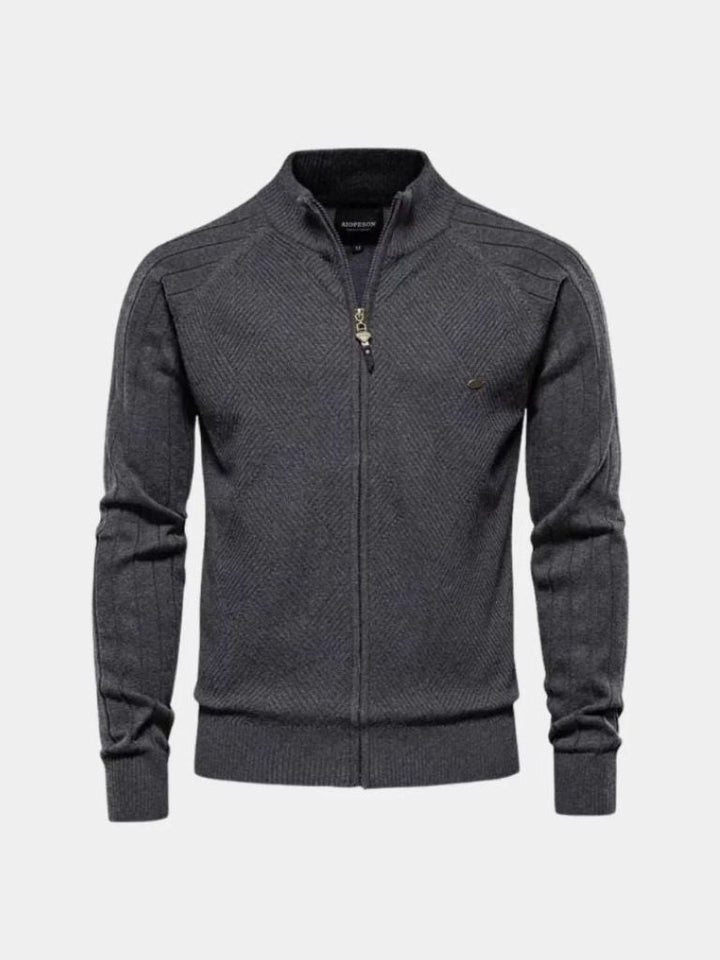 Knit Zipper Jacquard Solid Color Cardigan Sweater - Dalton & Rowe