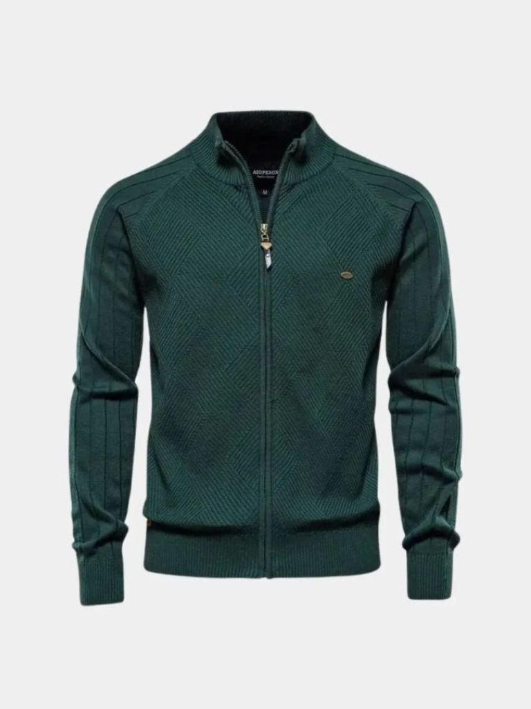 Knit Zipper Jacquard Solid Color Cardigan Sweater - Dalton & Rowe