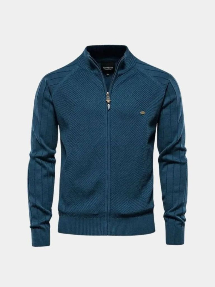Knit Zipper Jacquard Solid Color Cardigan Sweater - Dalton & Rowe