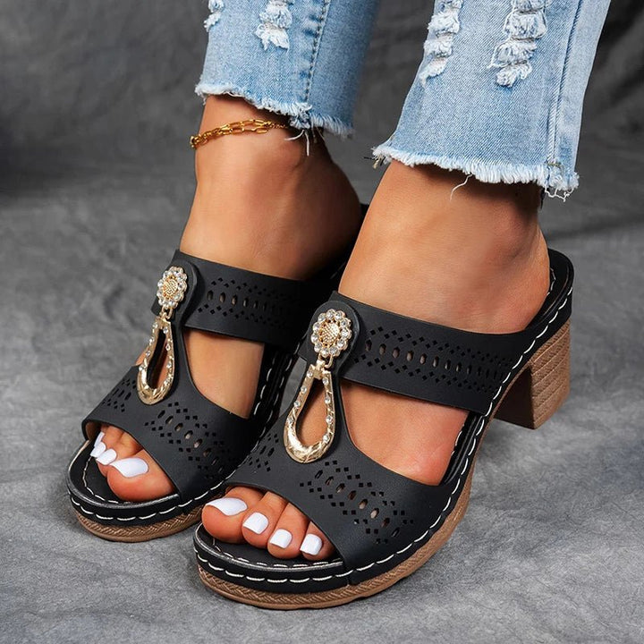 Roxane | Mules de Tacón Bloque Abertas con Bijou