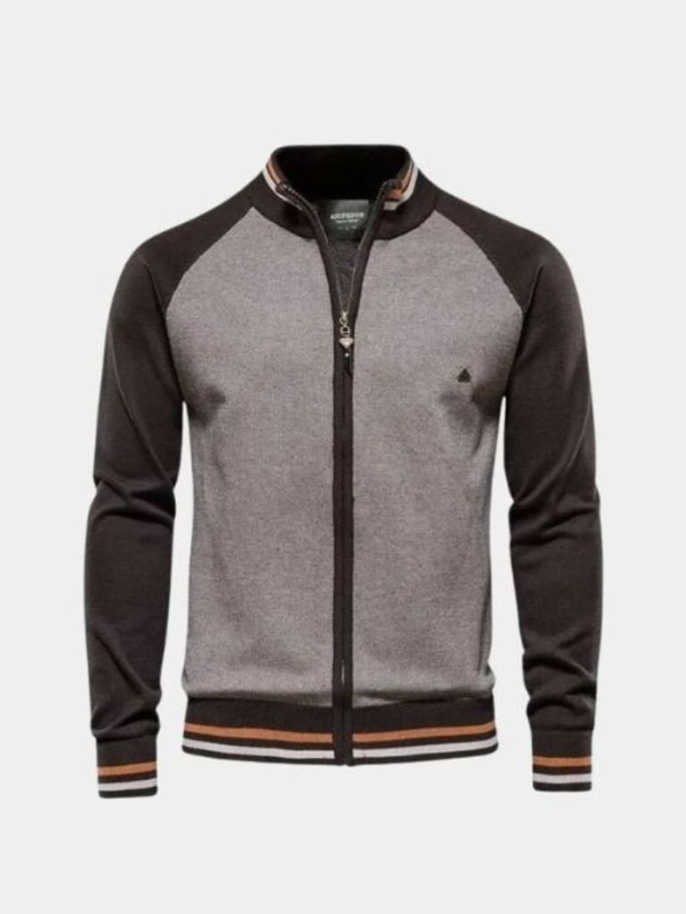 Zipper Color Block Standing Collar Cardigan Sweater - Dalton & Rowe