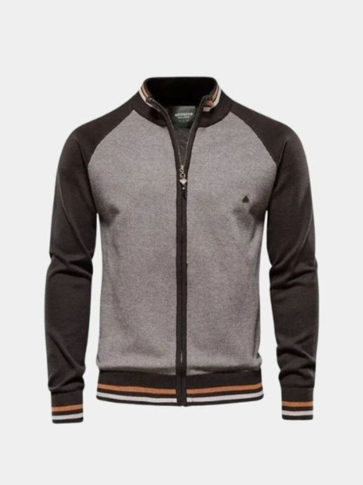 Zipper Color Block Standing Collar Cardigan Sweater - Dalton & Rowe